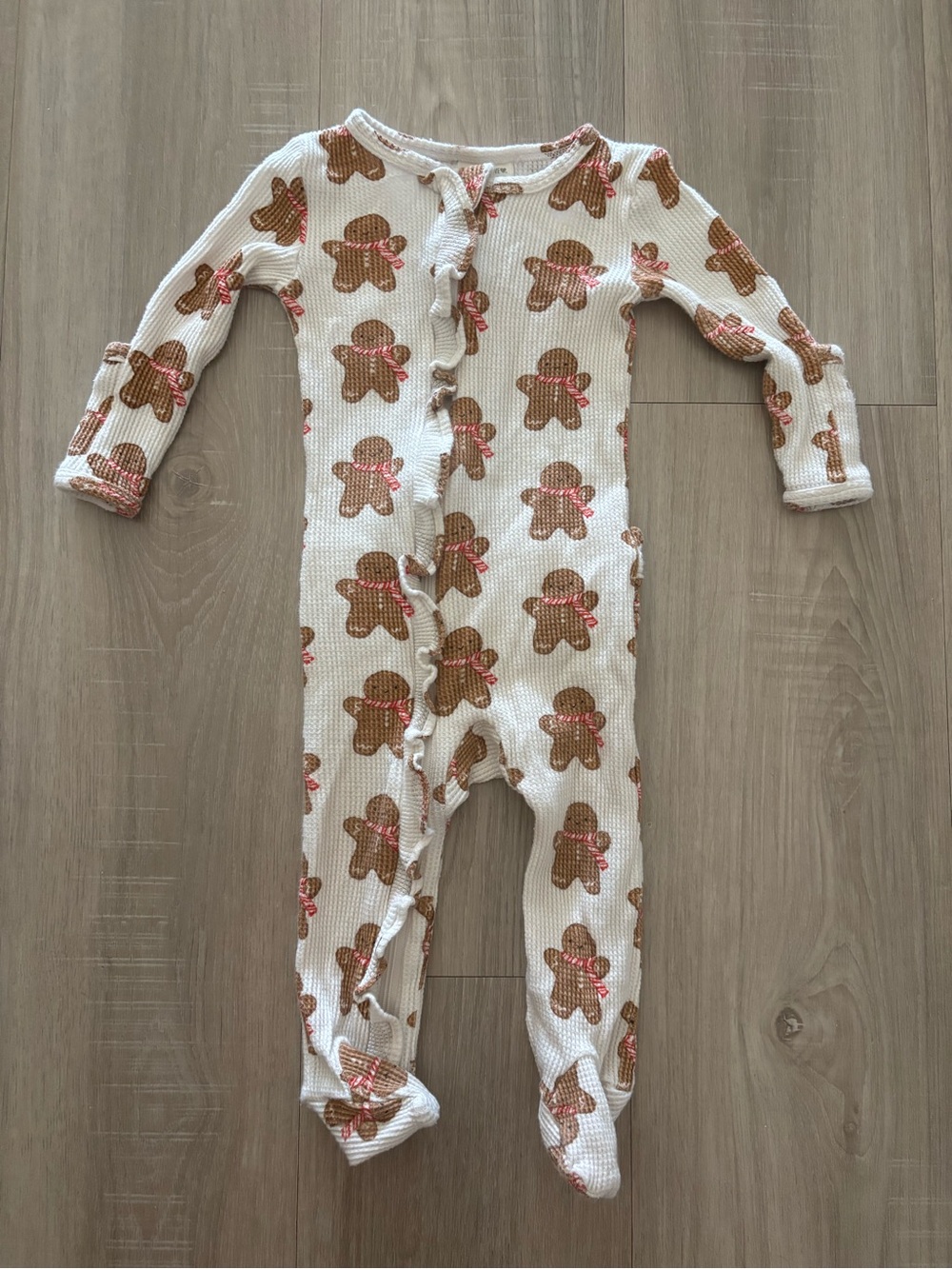 Spearmint Love Waffle Gingerbread Print Cream Kids One-Piece Footed Pajamas